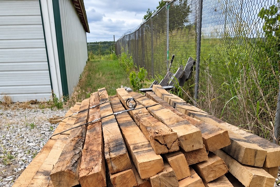 Stack of rough sawn timbers banded and ready for a post frame barn