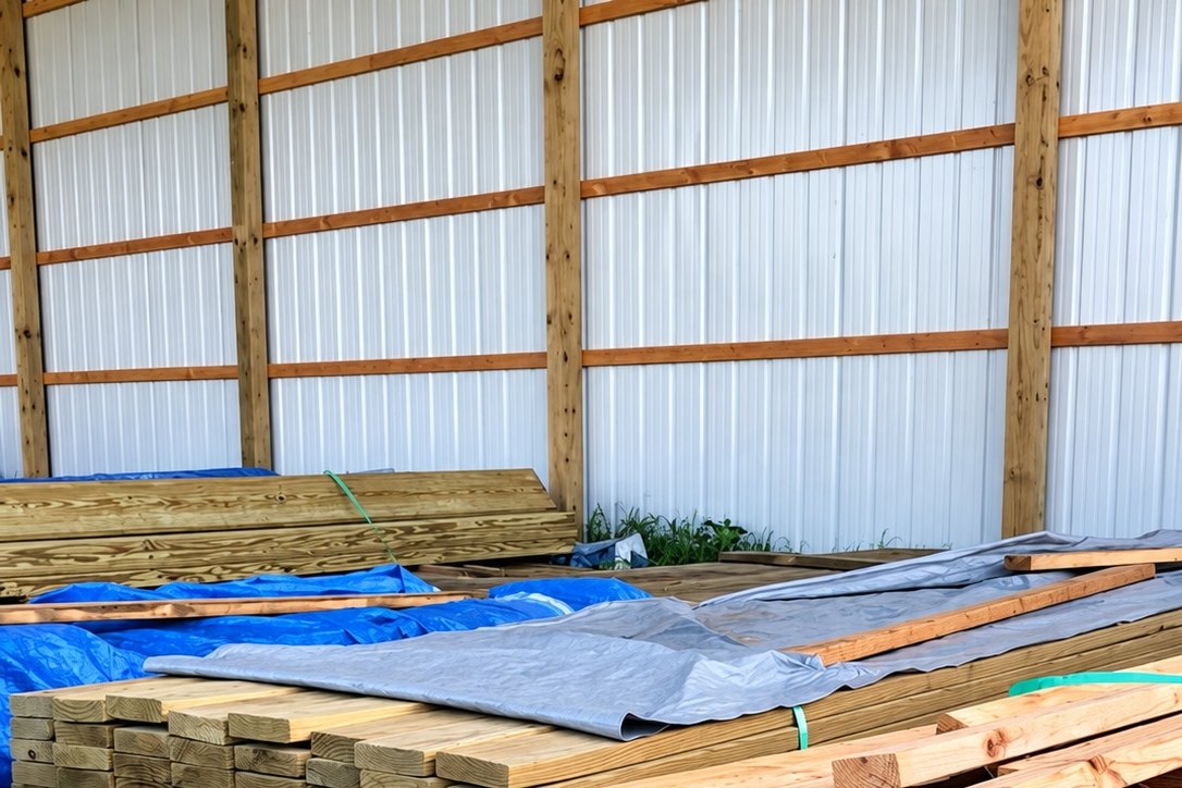 Lumber stored inside a post frame building with metal walls and wood purlins