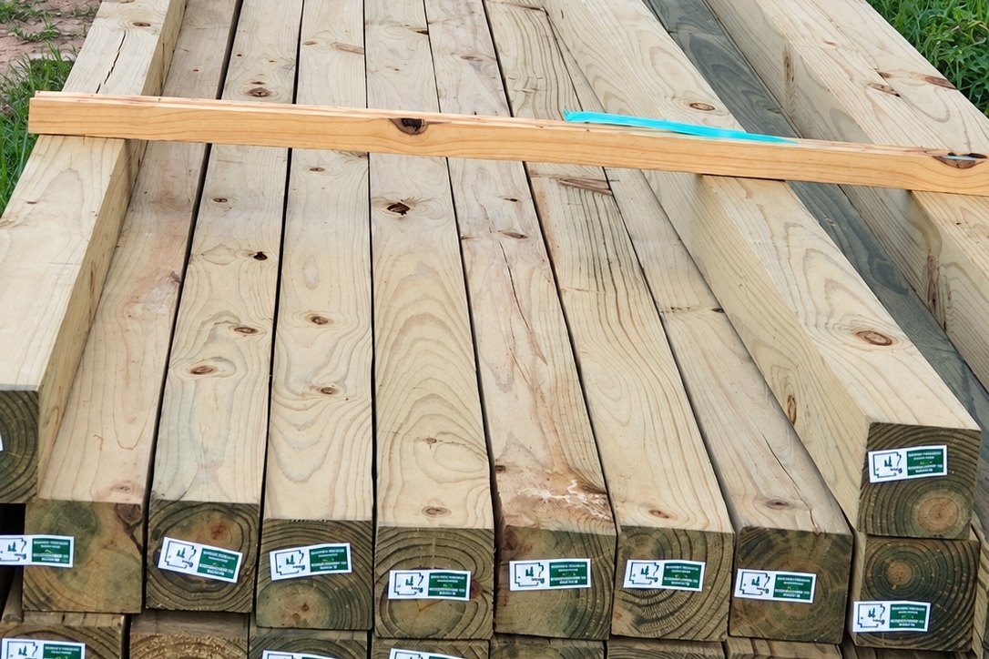 Treated lumber and posts tagged and stacked on the grass